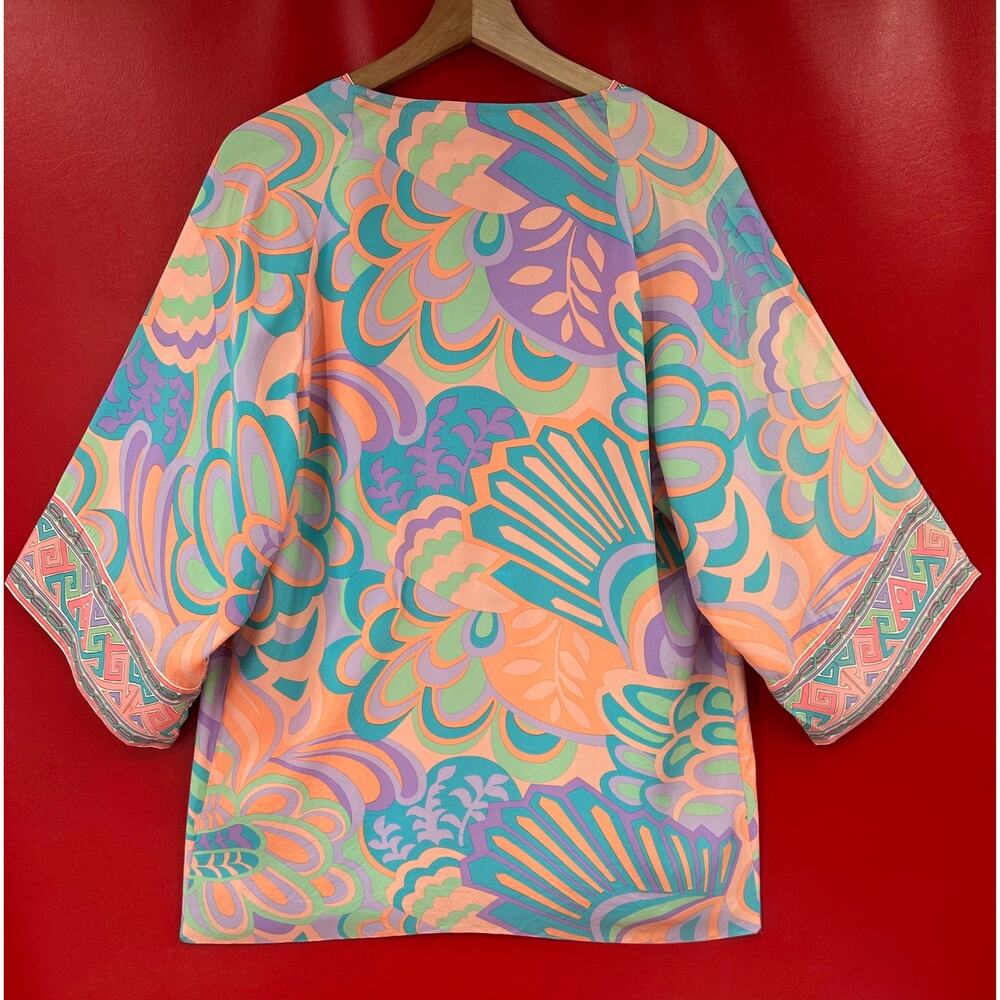Alice & Trixie 100% Pastel Silk Open Front Kimono Sample Paisley Geo Top Size S - Picture 10 of 15